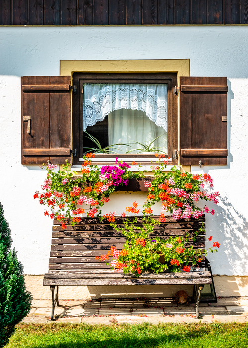 hölzerne bank vor einem fenster